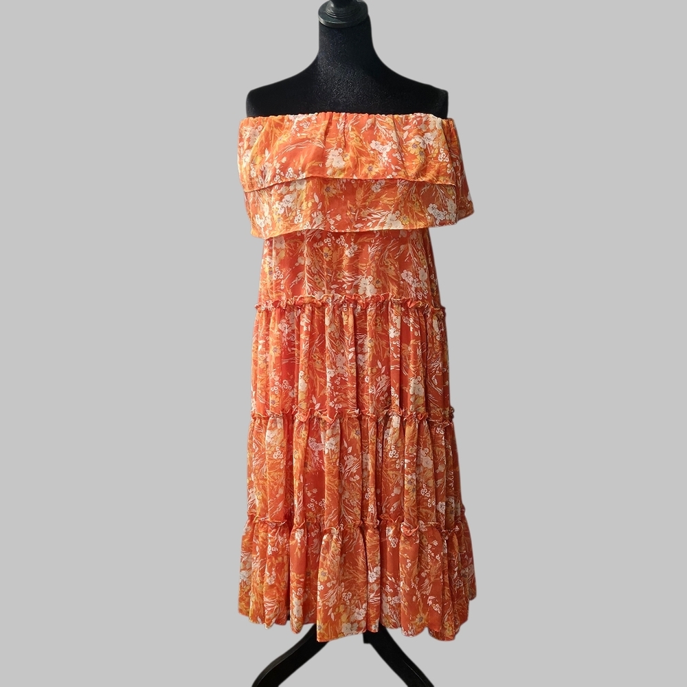 1. State Orange Floral Strapless Tiered Midi Dress Boho Cottagecore Small